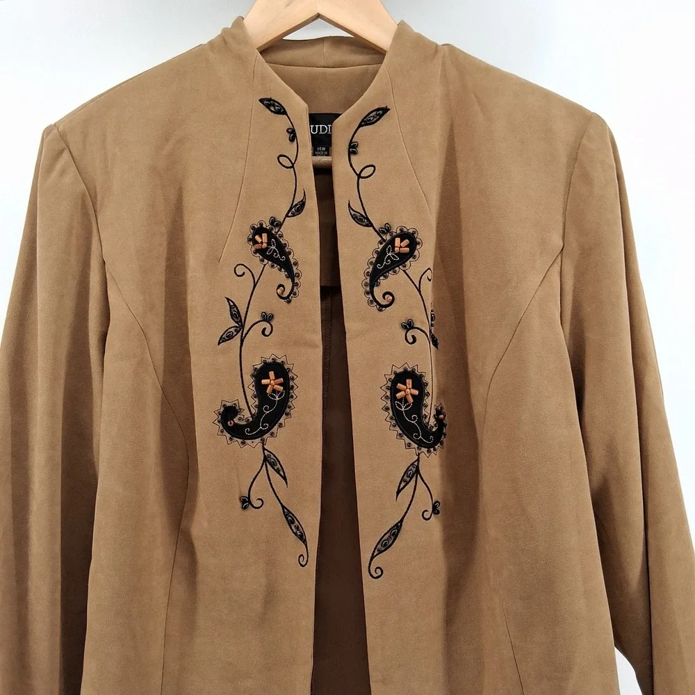 Studio I Womens 14W Faux Suede Open Front Jacket‎ Embroidered Western Boho Fall